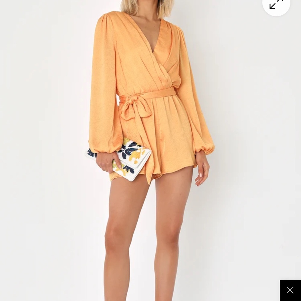 Lulus Orange Wrap Romper with Long Sleeves